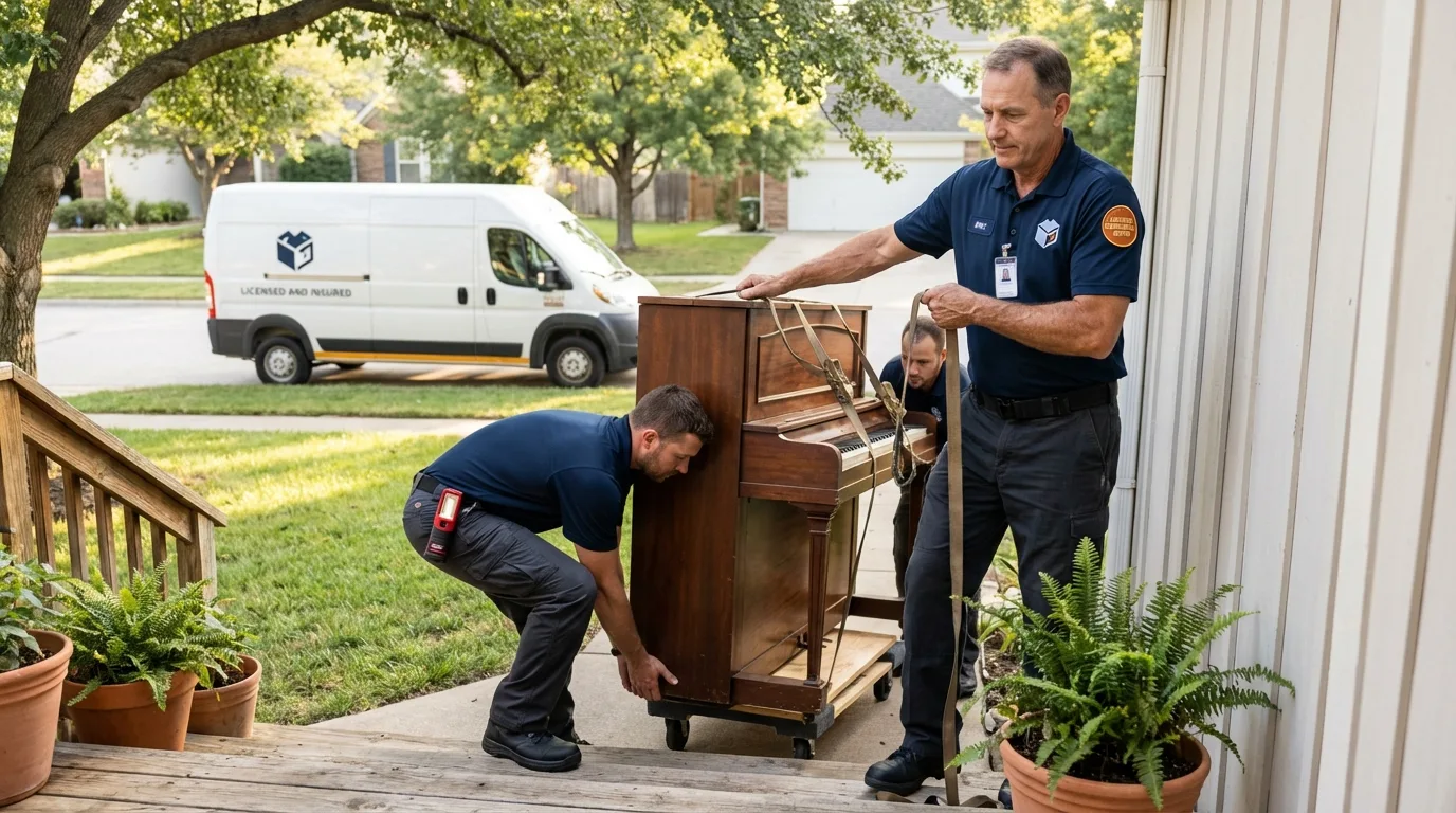 Licensed piano movers securing grand piano in York, PA