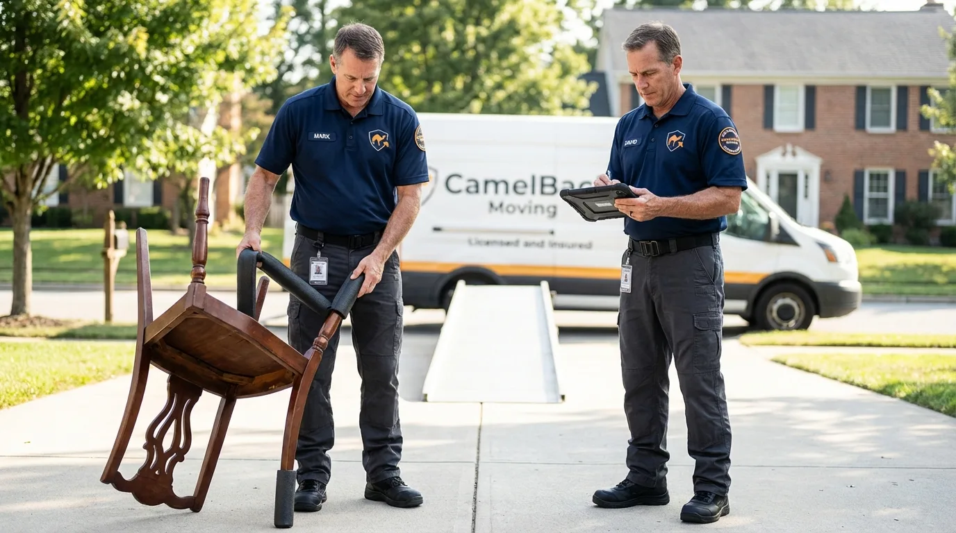 Movers inspecting furniture for damage prevention before loading in York, PA