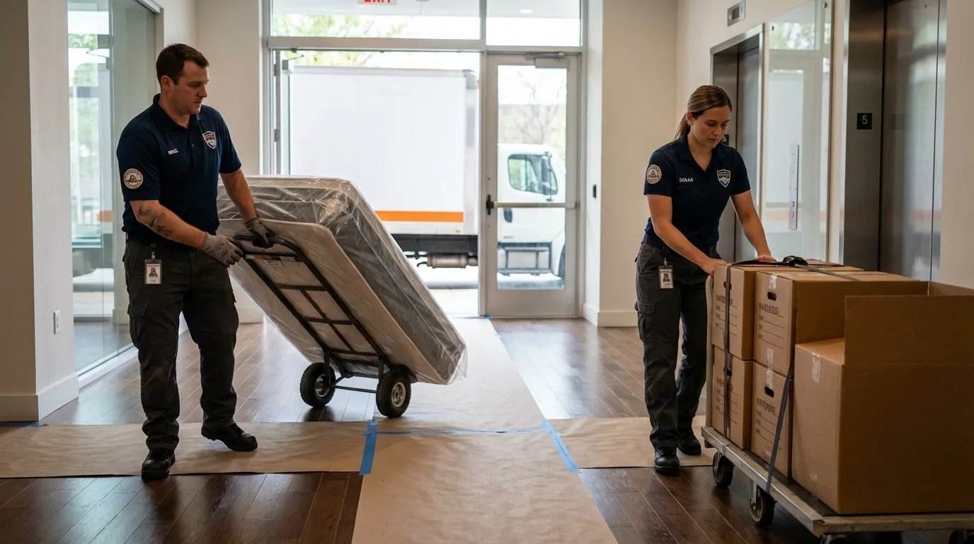 Professional apartment movers loading elevator in York, PA